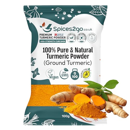 Spices2Go Premium Turmeric Powder - 100% Pure Turmeric Ground Curcumin Holud | Haldi | Haldar | Haladi Long Shelf Life GMO-Free Made In Britain Haldi Tumeric (100G)