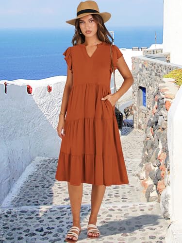 Image of ANRABESS Womens Summer Dress Ruffle Sleeve V Neck Midi Dresses Fashion Casual Fit Flowy Tiered Boho Beach Vacation Sundress