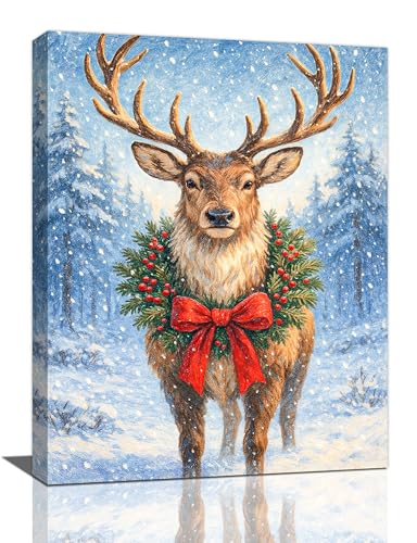 Christmas Reindeer Wall Art Winter Animal Canvas Wall Decor Pictures Paintings Prints Artwork Framed Decorations For Bathroom Bedroom Living Room Office Gifts 12" x 16"