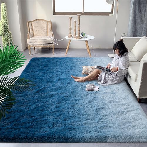 DweIke Luxury Fluffy Kids Rugs for Living Room Bedroom 4x6 Feet Shaggy Gradient Navy Blue Area Rug for Girls Boys Upgrade Plush Non-Slip and Washable Colorful Fuzzy Carpet for Dorm Nursery Decor