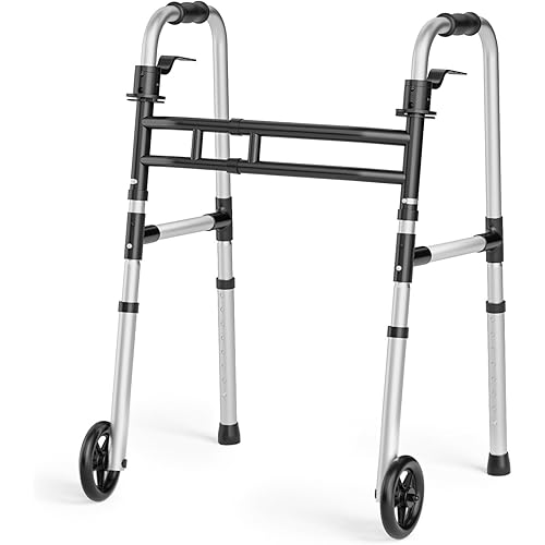 Folding Walkers for Seniors，Medical Bariatric Walker Lightweight 5'' Front Wheel Walker Height and Width Adjustable Aluminum Standard Walker for Handicap