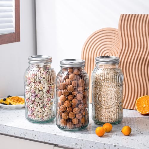 Image of Amzcku 64oz vintage Mason Jars with Lids, Wide Mouth 2 Quart Canning Jar Half Gallon, Safe For Storage, Canning, Pickling, Preserving, Fermenting, DIY Crafts & Decor 3 Pack