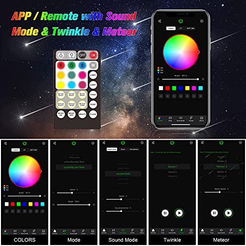 Image of CHINLY Meteor Twinkle 500pcs 13.1ft (0.03in+0.04in+0.06in) Fiber Optic Lights Star Headliner kit+Shooting Stars Light kit, Music Mode Bluetooth APP Control Remote, for Star Headliner /Home Ceiling