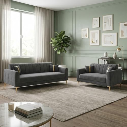 Image of Hermione Luxe Velvet-Suede Fabric 3 Seater + 2 Seater Sofa Set | Golden Legs | Comfortable & Spacious Seating | Modern Sofa Set for Living Room - Dark Gray