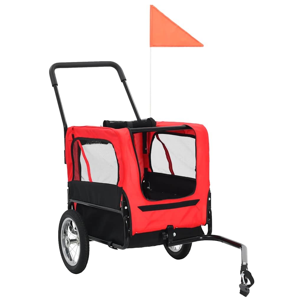 2-in-1 Fahrradanhänger für Hunde und Buggy Rot Schwarz faltbar mit Federung und Netz für Transport Komfort bei Spaziergang Reise und Outdoor Nutzung