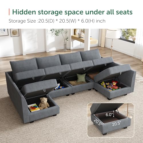 HONBAY Modular Sectional Couch U-Shaped Modular Sofa, Sectional Couch with Storage Seats Convertible Sofa for Living Room, Bluish Grey - Image 4