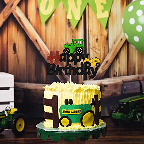 Tractor Cake Topper Green Farm Vehicle Cars Construction Dump Truck Themed For Kids Boy Girl Happy Birthday Party Supplies Black Glitter Décor Double Sided #TOP4