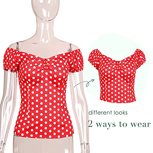 Image of YARN & INK Women's Rockabilly Tops 1950s Pinup Shirt Casual Off Shoulder Vintage Blouse