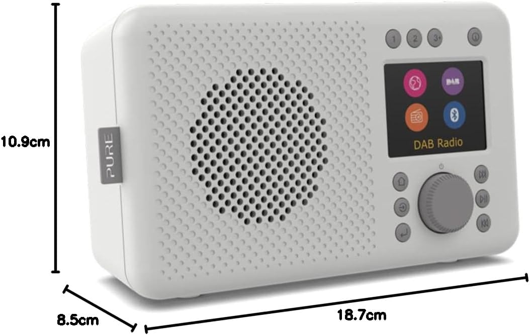Dimensions of the Pure Elan Connect radio, showing a height of 10.9cm, depth of 8.5cm, and length of 18.7cm.