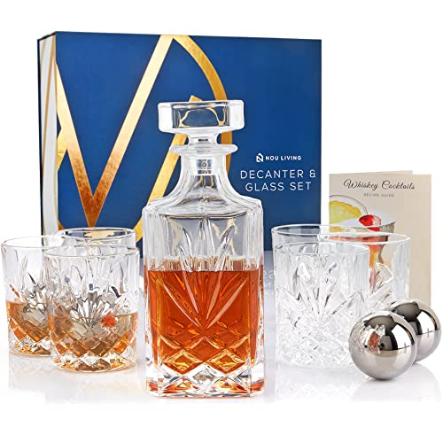 Nou Living 11 Pc Crystal Whiskey Decanter Sets For Men - Classic Whiskey Decanter Set and Whiskey Glasses Set of 6 - Whiskey Gifts for Men - Whiskey Set with Decanter for Whisky Bourbon Scotch Liquor