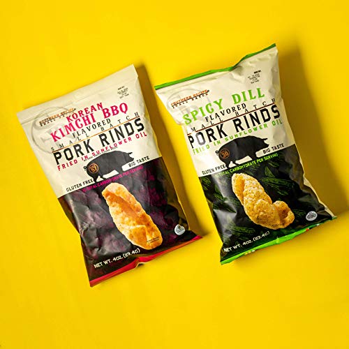 Pork Rinds Variety Pack | Sea Salt & Pepper, Kimchi BBQ, Spicy Dill, Pineapple | Southern Recipe Small Batch | Keto Friendly, Gluten Free, High Protein & Low Carb | 7g of Collagen | 4 Oz Bag (4 Count)