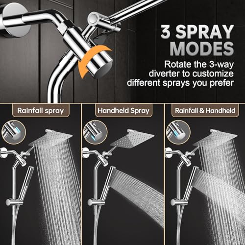 Image of Veken All Metal Shower Head with Handheld, Luxurious Square Spa-like Double Rain Shower Heads,Power Wash Wand,Dual High Pressure Detachable 8 inch Small Rainfall Showerhead with Spray Combo,Chrome,Sliver