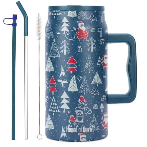 Image of House of Quirk 1500ML Stainless Steel Mug Tumbler with Handle & Straw Lid - Large Water Bottle for Men & Women (Merry Blue)