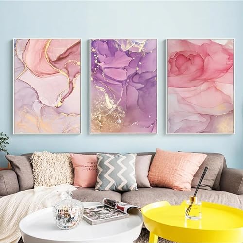Art mural abstrait doré violet rose tableau salon moderne triptyque 60x80cm