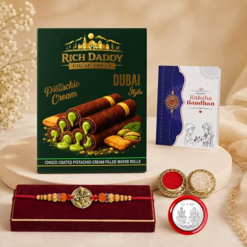 Image of DeoDap Rakhi with Chocolate for Brother - Golden Color Round Ganesha Style Rakhi with Pistachio Cream Cigar Rolls, Silver Color Coin, Greeting Card & Tilak Set - Raksha Bandhan Pack (k1 1130 CG-P)