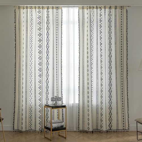 Image of Black Geometric Curtains 54 Inches Long, Boho Farmhouse Light Filtering Rod Pocket Drapes with Tassel Trim for Bedroom Living Room, 2 Panels