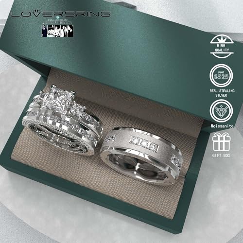 Wedding Ring Sets His And Hers Promise Ring Wedding Ring Sets His And Hers Couples Women 925 Sterling Silver Square Cut Moissanite Man titanium Moissanite Wedding Band4