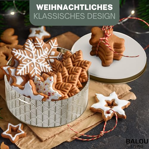 BALOU LIVING 3er Set Keksdose Weihnachten - Weihnachtskeksdosen aus Metall - Weihnachtliche Plätzchendose Blechdose, Pattern weiss/gold