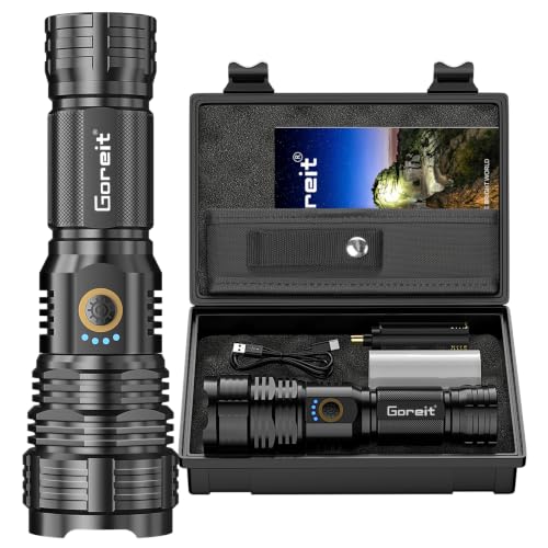 Flashlights LED High Lumens Rechargeable Goreit 20 000 Lumens XHP70.2 Super Bright Flashlight Flash Light Battery Powered Powerful Handheld Flashlight with holster for Emergency Camping Hiking Gift