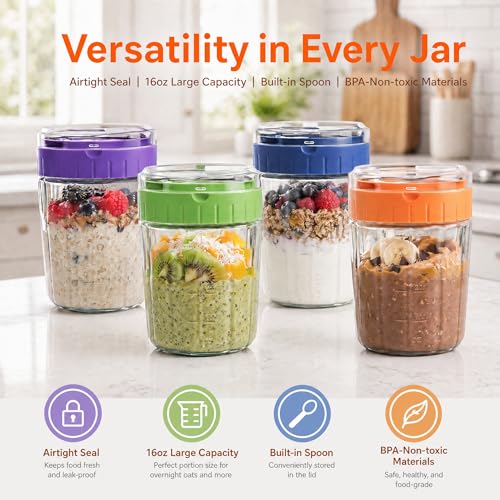 EONJOE Overnight Oats Containers with Lid and Spoon - 16oz Glass Mason Jars for Meal Prep, Yogurt,Pudding- Set of 4 — view 3