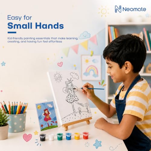 Image of Neomate Canvas Painting Kit for Kids | DIY Painting Set with 3 Printed Canvas, 6 Acrylic Paint Pots & Brush | Art and Craft Kit, Paint Kit for Kids, Birthday Gift, Return Gift, Creative Activity Set