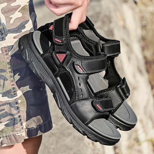 MILDSEVEN Men's Open-Toe Real Leather Sandals, Fashion Sports Hiking Sandals, Hollow Out Backpacking Beach Shoes,8.5,Black2