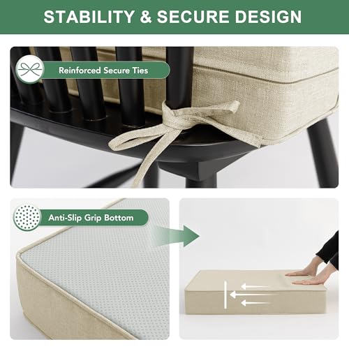 Image of Summsun Patio Chair Cushions 24 x 24 Inch, Faux Linen Outdoor Furniture Cushions, Water Resistant Backrest and Deep Seat Cushion Set with Ties, Removable Cover, Non-Slip Bottom, Beige