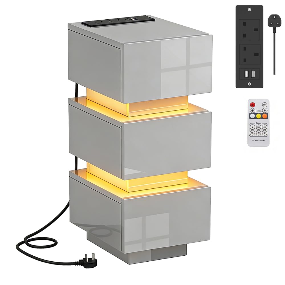 Rainbow Tree Slim Bedside Table with Charging Station&LED Light, Modern Narrow Bedside Cabinet with 3 Drawers, Nightstand Side Sofa Tables 25x35x60cm (1, High Gloss Grey Modular Design)