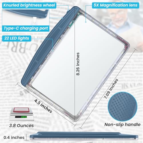 Image of Rechargeable 5X Magnifying Glass for Reading, Large Bright Full Page Magnifier with Light, Handheld LED Dimmable Lighted, Lightweight Book Magnifier for Reading Small Prints Seniors - Blue