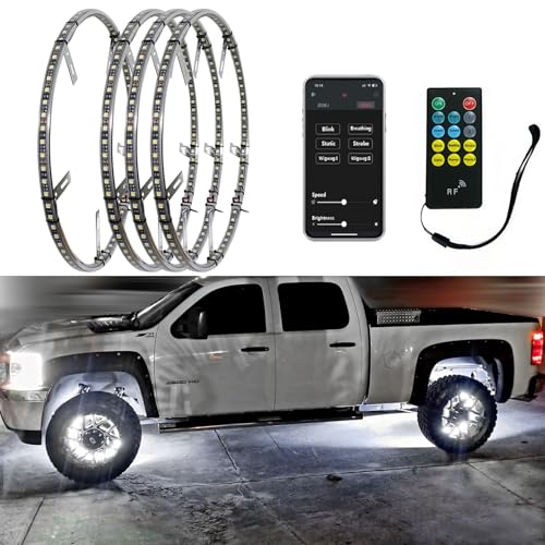 Kingshowstar 4Pcs Double Side 17in Wheel Ring Lights Super Bright 614Pcs 5050-SMD LED Wheel Lights with APP & RF Remote Control,Waterproof IP68 Pure White Wheel Rim Lights for Trucks Cars
