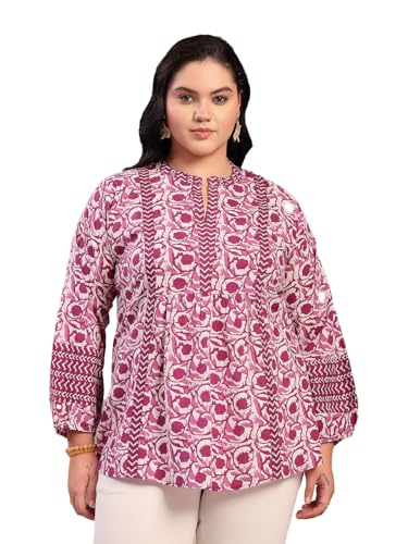 Image of Stylum Women's Plus Size Blue Floral Printed Pure Cotton Top | Plus Size Tops for Women Short Kurti
