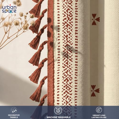 Image of Urban Space Boho Decorative Curtain for Window, 100% Cotton Curtain 5 Feet Long, 1 piece Curtain with Tassels, 60-65% Room Darkening with Tieback and Eyelets (Aaqar Rust, 5 Feet)