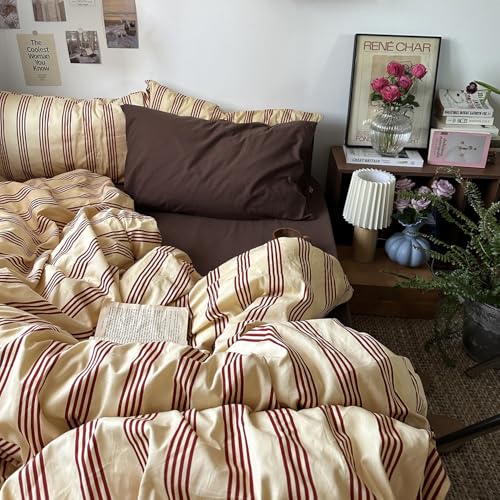 mixinni Retro Striped Duvet Cover Set Queen - 100% Natural Cotton 3-Piece Vintage Red Stripes...