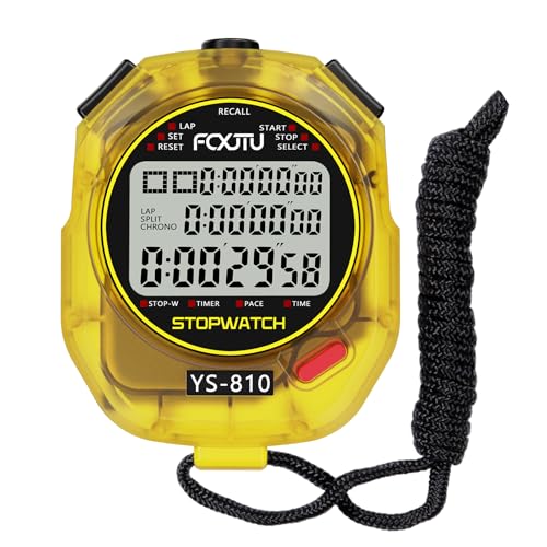 Image of Sports Stopwatch Timer, 10 Lap /Split Memory Digital Stopwatch Countdown Timer with 12 /24 Hour Clock Alarm On /Off, Calendar 3-Row Extra Large Screen Lanyard for P.E Coach and Referees (Yellow)