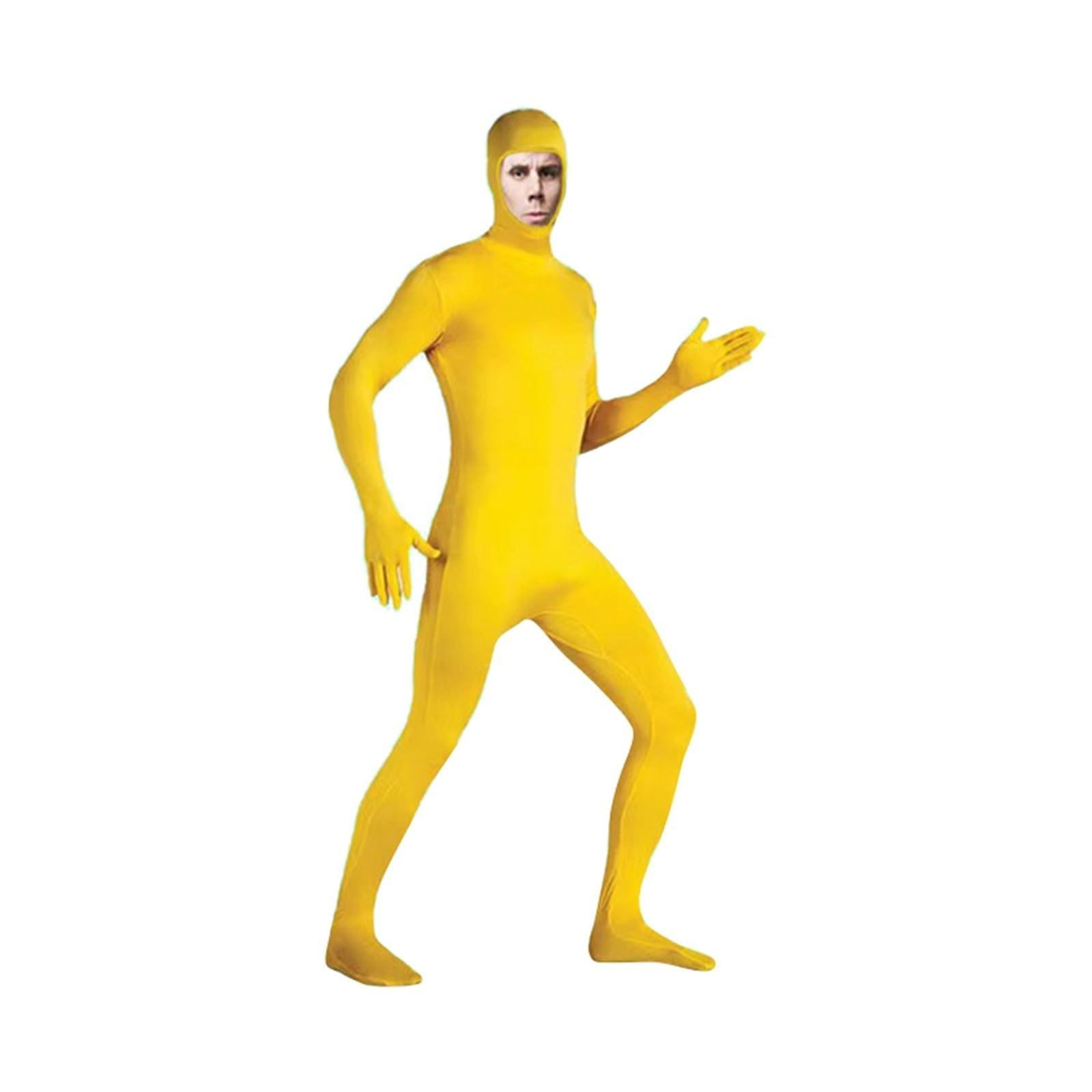 Couawaticy Mens Open Face Spandex Zentai Bodysuit Full Body Suits Costume Solid Color Men Halloween Costume Stretchy Stealth Suit Outfit For Halloween And Performances Cosplay Yellow L