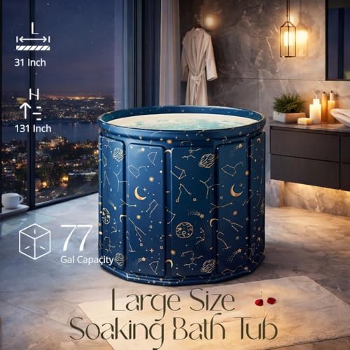 Image of Foldable Adult Bath Tub for Home Spa | Large Portable Bathtub with Backrest & Handle | Insulated Folding Tub for Hot & Cold Soak, Ice Bath, Bubble Bath & Relaxing Spa (Galaxy Planet)