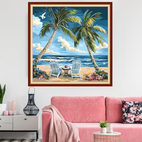 Image of Redxing Stamped Cross Stitch Kits Embroidery kit for Beginners Adults Full Range of Embroidery Patterns Starter Kits DIY Printed Cross Stitch Kits Needlepoint Kits 11CT-Drink Tea Seaside 18x18 inchs