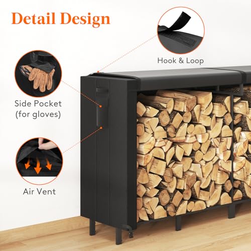 Lifewit 8 FT Firewood Rack Outdoor with Waterproof Cover, Indoor/Outdoor Wood Storage with Side Pocket, Heavy Duty Firewood Holder for Fireplace, Fire Pit, Patio, Black