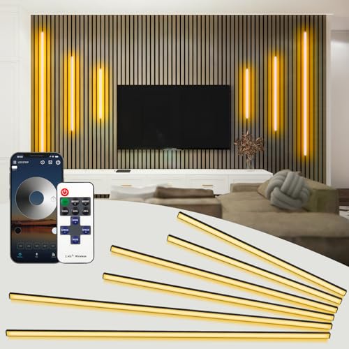 SHUNLEE 6 Pcs Smart Recessed Acoustic Wall Panel Lights Bluetooth Warm White Acoustic Panel Lighting Self-Adhesive Black LED Wall Lights for Wood Slat Kitchen Cabinets Shelves (40*2+60*2+90*2 cm)