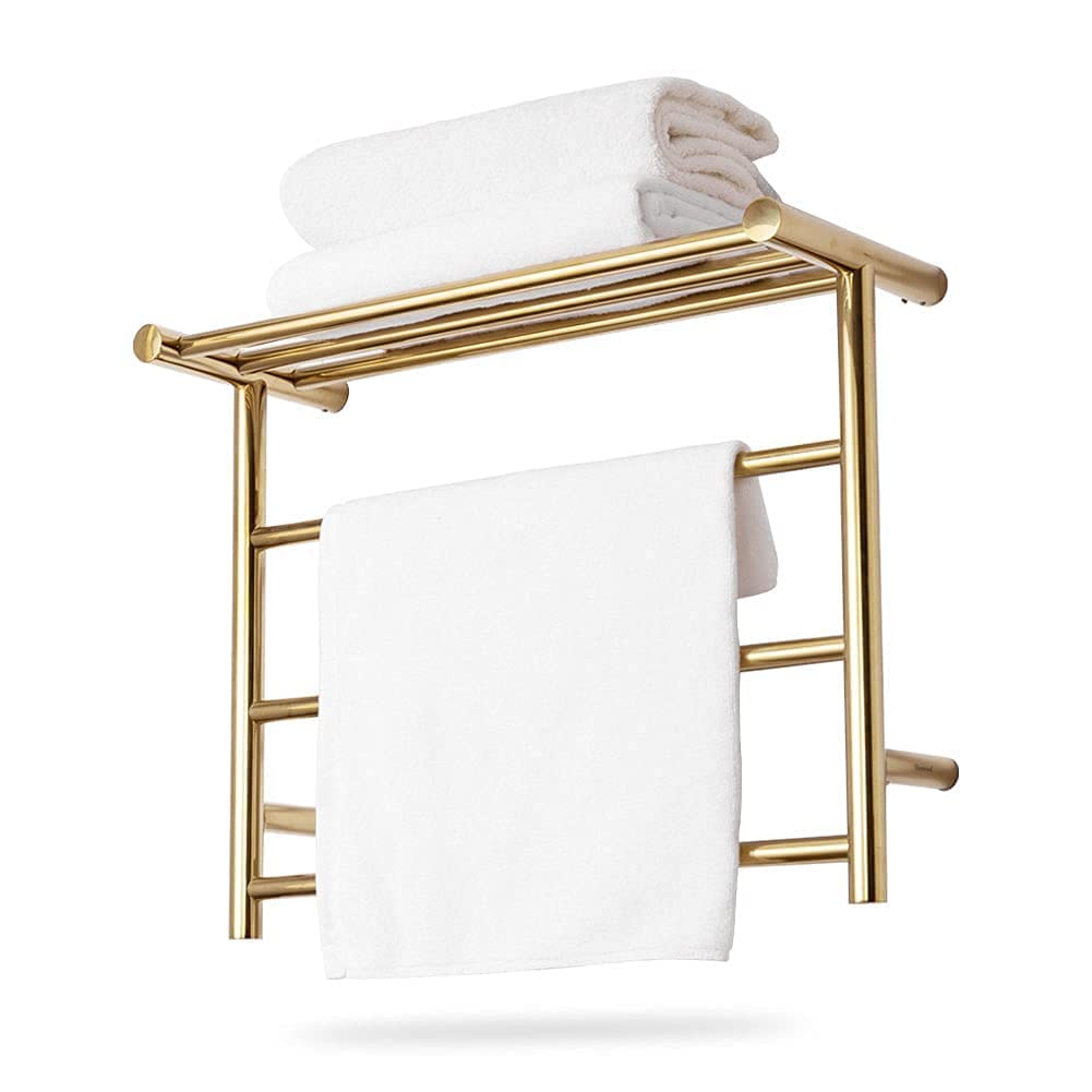 Calentador de Toallas de Acero Inoxidable, radiador toallero eléctrico de Lujo de Pared con Estante para baño, Dorado, 3 + 3 Barras, cableado.