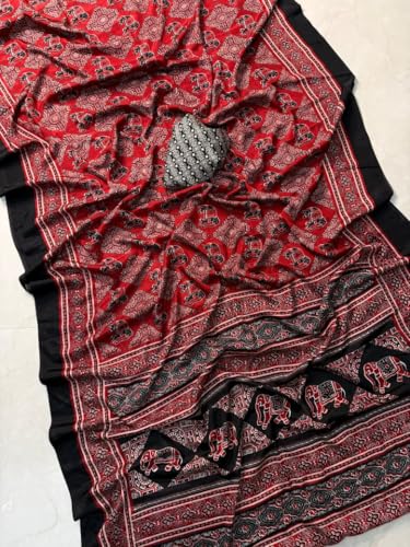 Image of SATIKA VASTRAM Modal Silk Ajrakh Saree Bandhani Design Crepe Printed Designer Pallu Attach Blouse Piece