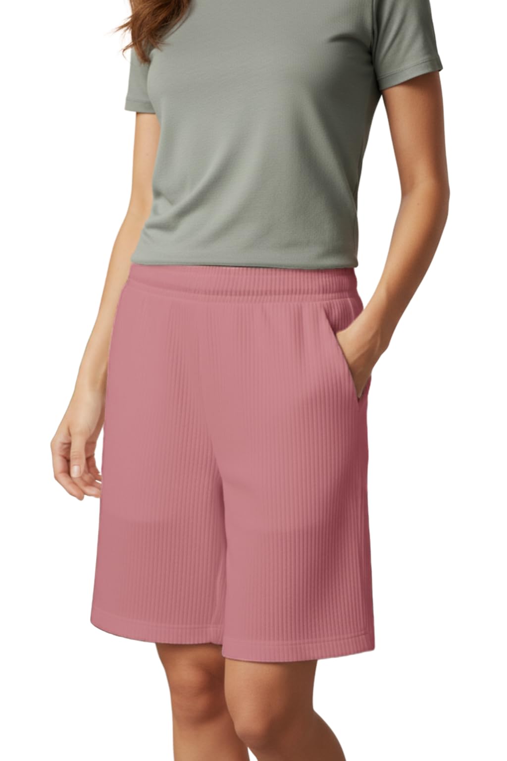 nachu Women's Ribbed Lounge Shorts | Boxy Relaxed Fit with Elastic Waist | Unisex Knee-Length Cotton Shorts for Everyday Casual & Streetwear | Two Pockets-picture-1