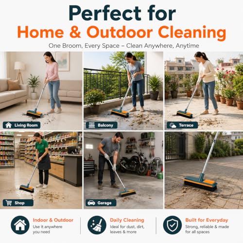 Image of Bathroom Cleaning Brush with Long Handle, Floor Brush with Wiper, 2-in-1 Soft Bristle Broom & Rubber Squeegee for Bathroom Floor, Tiles, Kitchen, Balcony & Outdoor Cleaning
