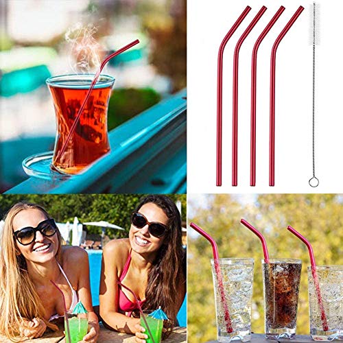 Image of STAR WORK - 4 Stainless Steel Long Reusable Metal Straws for Drinks with 1 Cleaning Brushes Drinking Straws for Travel,Kids,Home,Bar (RED)