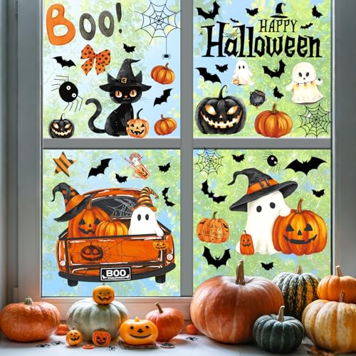 Image of Halloween Window Clings, Ghost Halloween Decorations Indoor Home Room Decor | 8 Sheets Large Window Stickers for Glass Windows & Doors Pumpkin Fall Window Clings Holiday Decals for Office Classroom Party