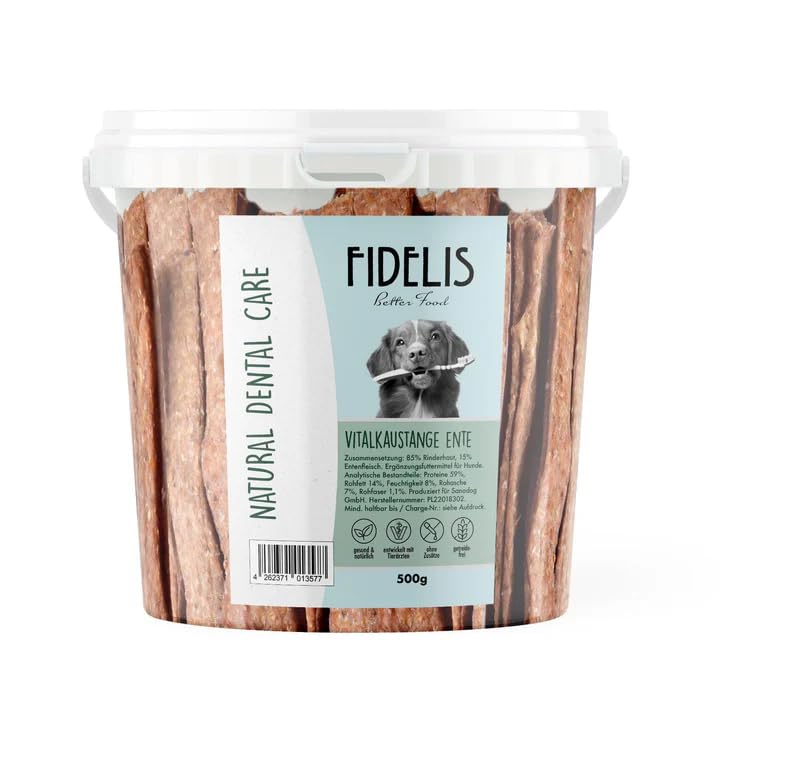 Fidelis - Vitalkaustange Ente - Zahnpflege Snacks für Hunde 500g-Eimer - Luftgetrocknete Leckerlis aus 100% Natürlichen Rohstoffen - Snack zur Zahnhygiene