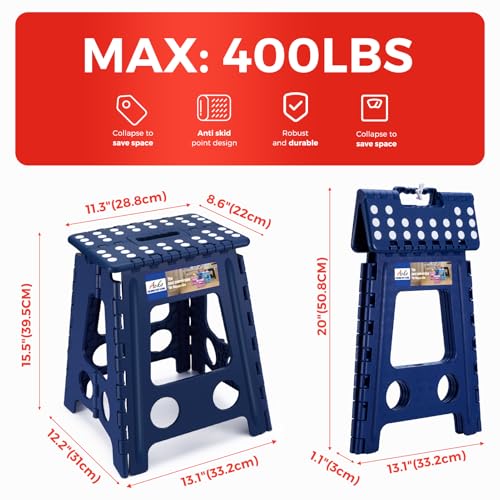 Image of ACKO Folding Step Stool Foldable 16 Inch 400 lbs Capacity, Plastic Stools for Adults and Kids, Collapsible Stools for Kitchen, Stepping Stool with Handle(Royal Blue)