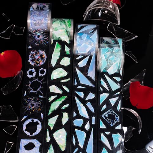 Washi Tape Stickers Set,4 Rolls PET Scrapbooking Accesorios Pegatinas, Vidrio Shards Themed Aesthetic Stickers,Decorative for Bullet Journal Zubehör,Journal,Photo Album,Notebook,DIY (Glass Fragment)
