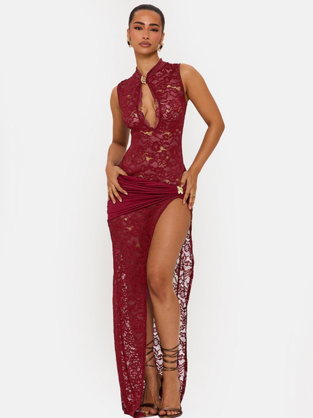 Vestido Largo Mujer Sexy Vestidos de Encaje Transparente Elegante Maxi Vestido sin Mangas con Abertura Alto Diseño Calado Vestidos Ajustado de Fiesta Cóctel Gala Bodas