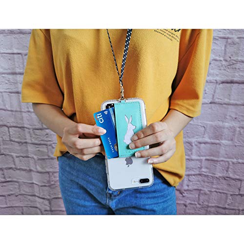 Image of Tainada Stick On Wallet with Detachable Neck Lanyard, Adhesive ID Credit Card Cash Holder with Faux Leather Animal Silhouette Compatible with Most Cell Phones + One Cord Wrapper (Turquoise Rabbit)